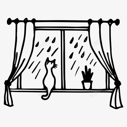 雨天猫手绘图标svg_新图网 https://ixintu.com 手绘 窗户 雨天