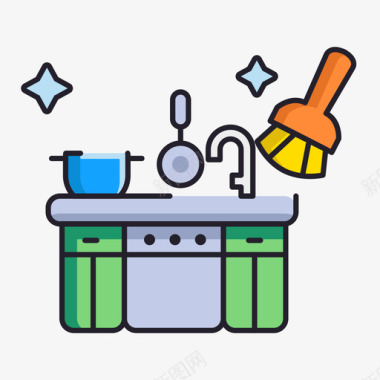厨房清洁101线性颜色图标图标