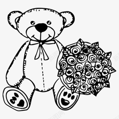 泰迪熊和花一束花礼物图标图标