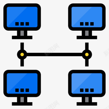 网络计算机和网络4线颜色图标图标