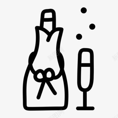 香槟和玻璃杯瓶子蝴蝶结图标图标