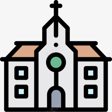 教堂城市建筑15线性颜色图标图标