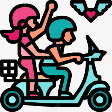 摩托车婚礼爱情故事线条色彩图标图标