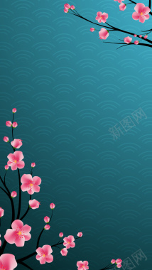新春桃花纹理蓝色H5背景素材背景