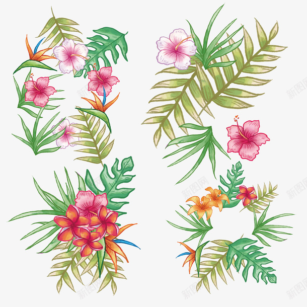 花朵叶子装饰图案png免抠素材_新图网 https://ixintu.com 卡通 叶子 图案 手绘 粉色的 绿色的 花朵 装饰