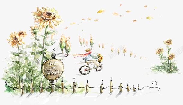 卡通手绘花朵与骑车的人物psd免抠素材_新图网 https://ixintu.com 人物 卡通人物 卡通花朵 花卉 骑车