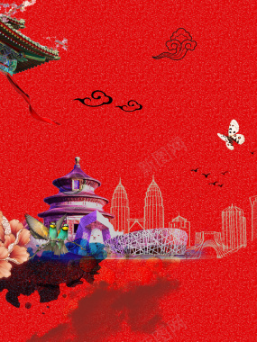 红色底纹城市建筑旅行北京天坛背景背景