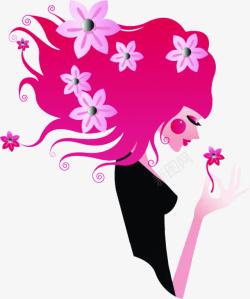 粉色飘逸花朵长发美女手绘素材