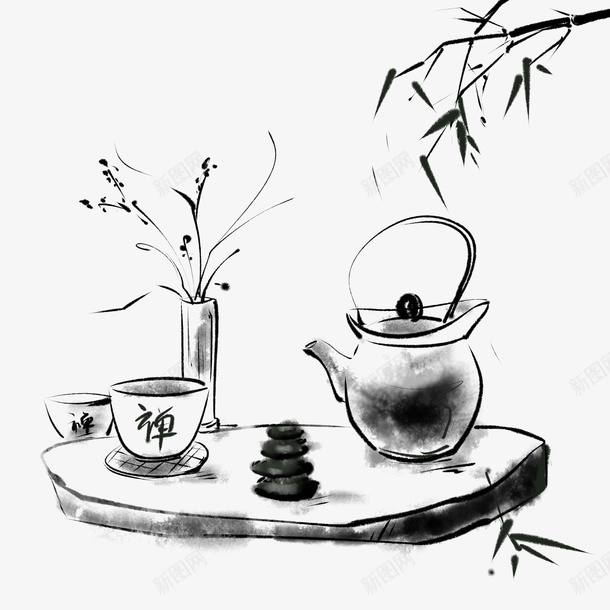 水墨禅意茶具psd免抠素材_新图网 https://ixintu.com 中国风 水墨 禅意茶具 禅茶文化