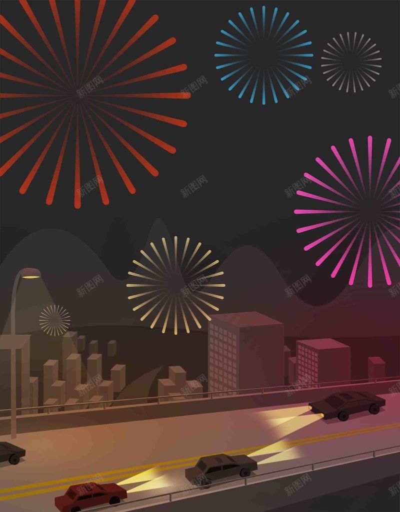 新年回家路上海报背景模板psd设计背景_新图网 https://ixintu.com 回家路上 城市 新年 海报 烟花 建筑 车辆 春节 简约 创意