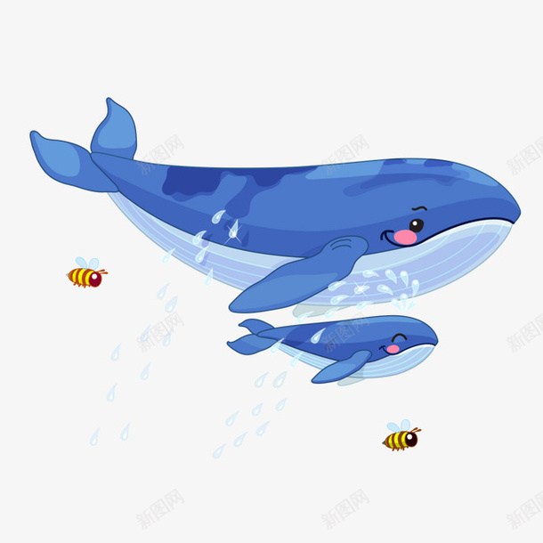 鲸鱼和蜜蜂png免抠素材_新图网 https://ixintu.com 两个鲸鱼 可爱鲸鱼 小鲸鱼 蓝色鲸鱼 蜜蜂 鲸鱼插图