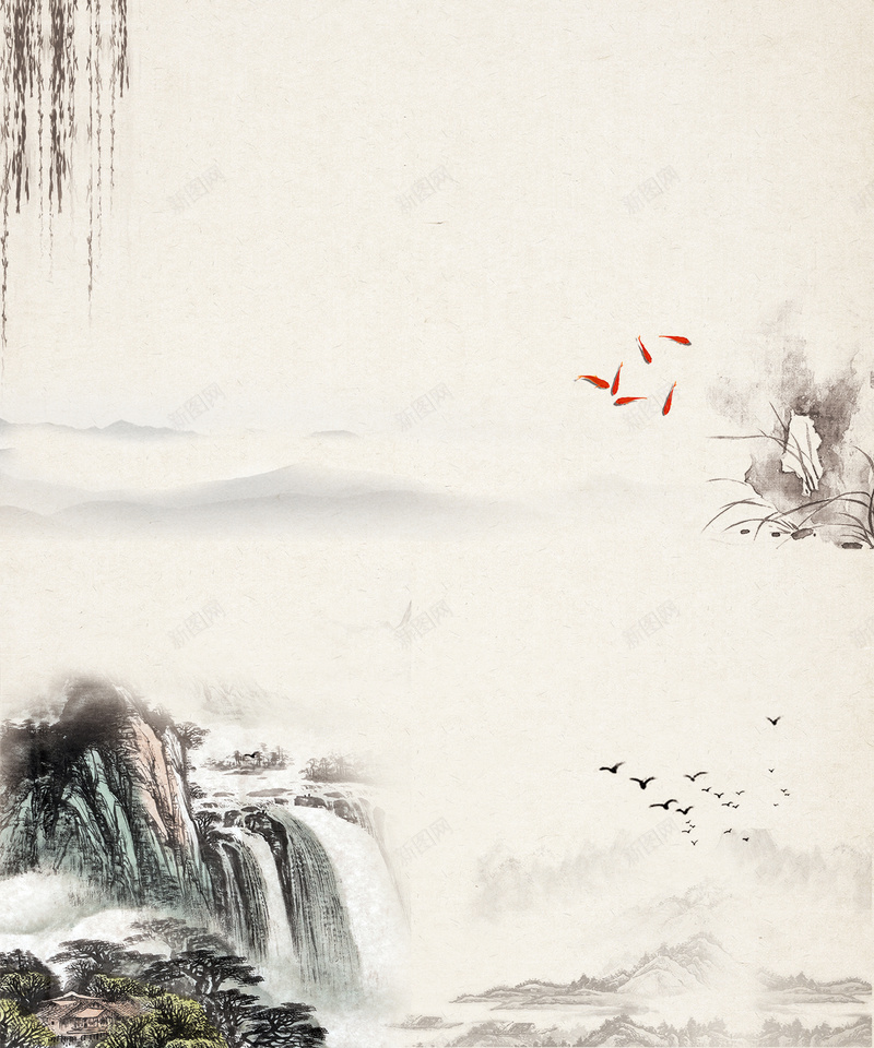 中国风海报背景素材jpg设计背景_新图网 https://ixintu.com 公共卫生 公益海报 山峰 松树 文明标语 墨迹 中国风 文明标题 文明标