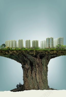 创意城市建筑大树背景背景