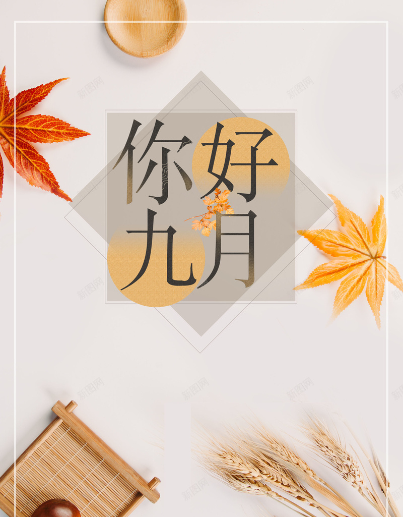 极简清新你好九月psd设计背景_新图网 https://ixintu.com 150PPI 9月你好 9月来了 PSD源文件 丰收 九月 分层文件 平面设计 秋天 稻子