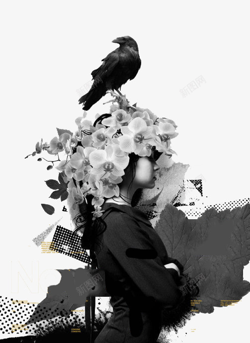 女人头上的小鸟png免抠素材_新图网 https://ixintu.com 创意 女人 小鸟 插画 美女 花环 花纹头饰 鸟儿 黑色