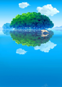 深林碧绿树木蓝色海水海报背景高清图片