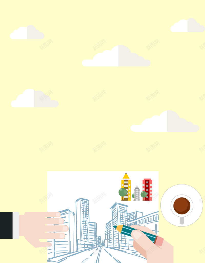 简约手绘城市规划建筑广告psd设计背景_新图网 https://ixintu.com 云朵 卡通 城市规划图 城市规划建筑 大气 广告 手绘 放大镜 简约 黄色