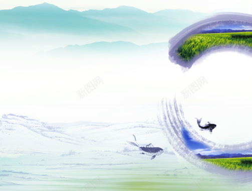 中国风高山鲤鱼绿色背景素材背景