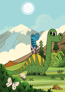 机甲恐龙儿童画卡通恐龙晴天背景
