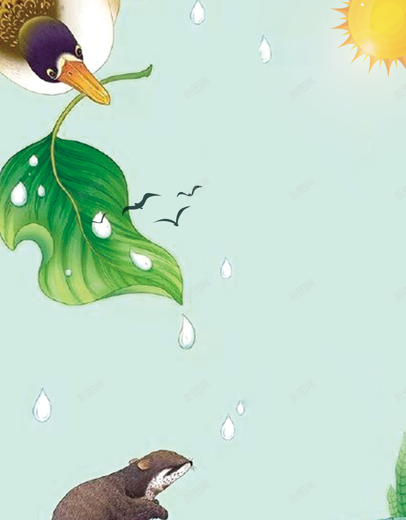 绿色手绘二十四节气谷雨节气海报jpg设计背景_新图网 https://ixintu.com 叶子 太阳 节气 谷雨 鸟 绿色 手绘 二十四节气 荷叶 春季