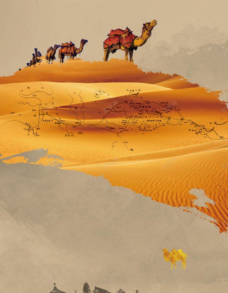 沙漠丝绸之路旅游海报jpg设计背景_新图网 https://ixintu.com 丝绸之路 古代贸易 旅游 沙漠 观光 驼队 促销 宣传 海报