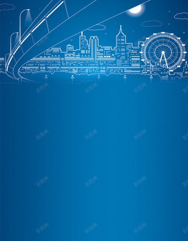 蓝色背景简约科技平面广告jpg设计背景_新图网 https://ixintu.com 城市建筑 平面广告 摩天轮 数字化 月亮 科技 简约背景 线条 蓝色背景