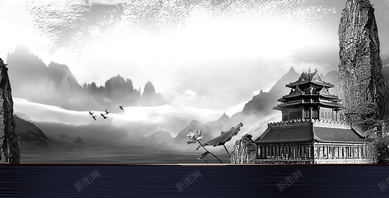 黑白中国风古城楼大气海报jpg设计背景_新图网 https://ixintu.com 黑白 中国风 古城楼 古建筑 大气