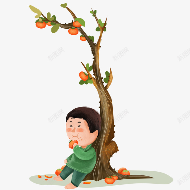 24节气之霜降男孩在柿子树下吃柿子png免抠素材_新图网 https://ixintu.com 霜降 节气 柿子 男孩