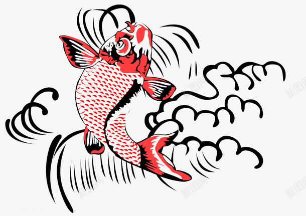 鲤鱼海浪手绘卡通png免抠素材_新图网 https://ixintu.com 卡通图案 波浪 红色 鱼类