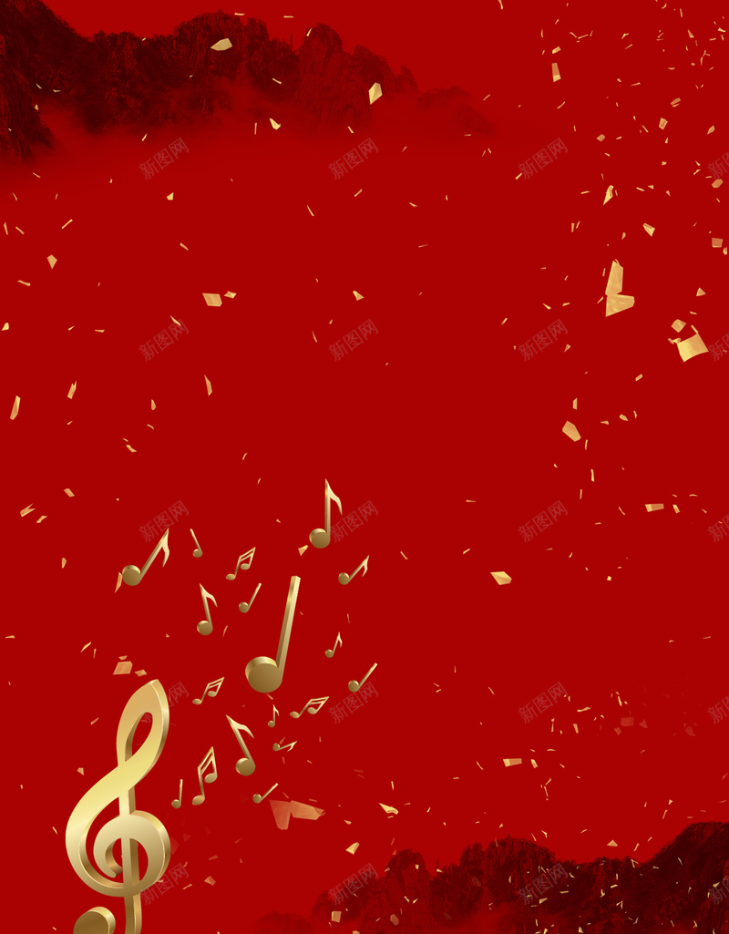 红色金色粒子会议背景海报背景psdpsd设计背景_新图网 https://ixintu.com 会议背景 海报背景 金色粒子 psd 红色 远山 音符 红色背景