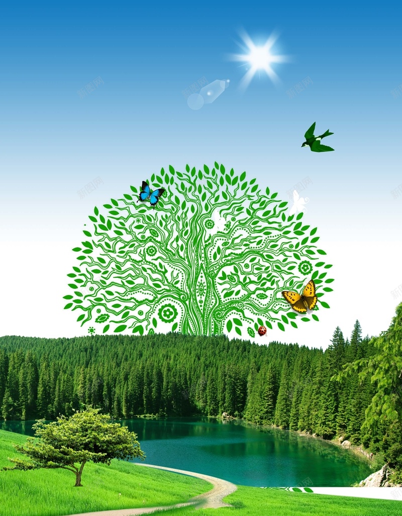 保护树木自然海报psd设计背景_新图网 https://ixintu.com 保护 小鸟 树木 燕子 蝴蝶 河 森林 道路 阳光