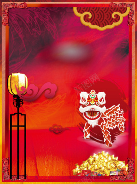 中国风舞狮金块红色背景背景