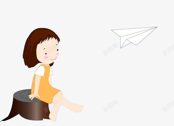 坐在树桩上的女孩png免抠素材_新图网 https://ixintu.com 卡通可爱女孩 女孩 树桩 纸飞机