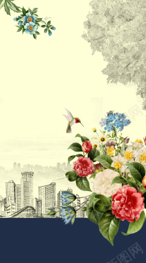 中国风花卉下的线描城市背景素材背景