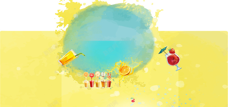 夏季饮品扁平手绘黄色淘宝海报背景背景