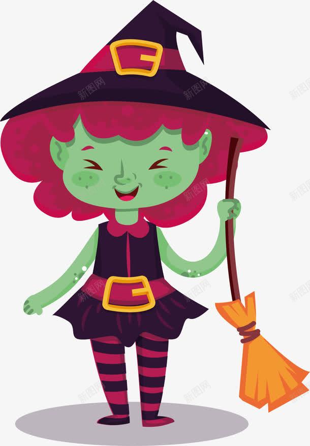 绿色可爱巫婆png免抠素材_新图网 https://ixintu.com 可爱 巫婆 帽子 扫把 眯眯眼 绿色 装扮