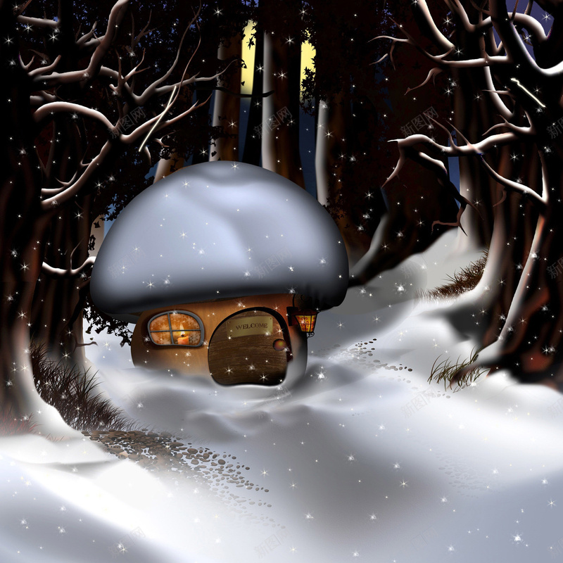 雪的蘑菇房子在森林jpg设计背景_新图网 https://ixintu.com 风景 建筑 照片 图片 图片素材 高清图片 海报 底图 森林 房子 蘑菇 蘑菇房子