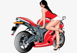 卡通手绘开红车摩托车美女素材