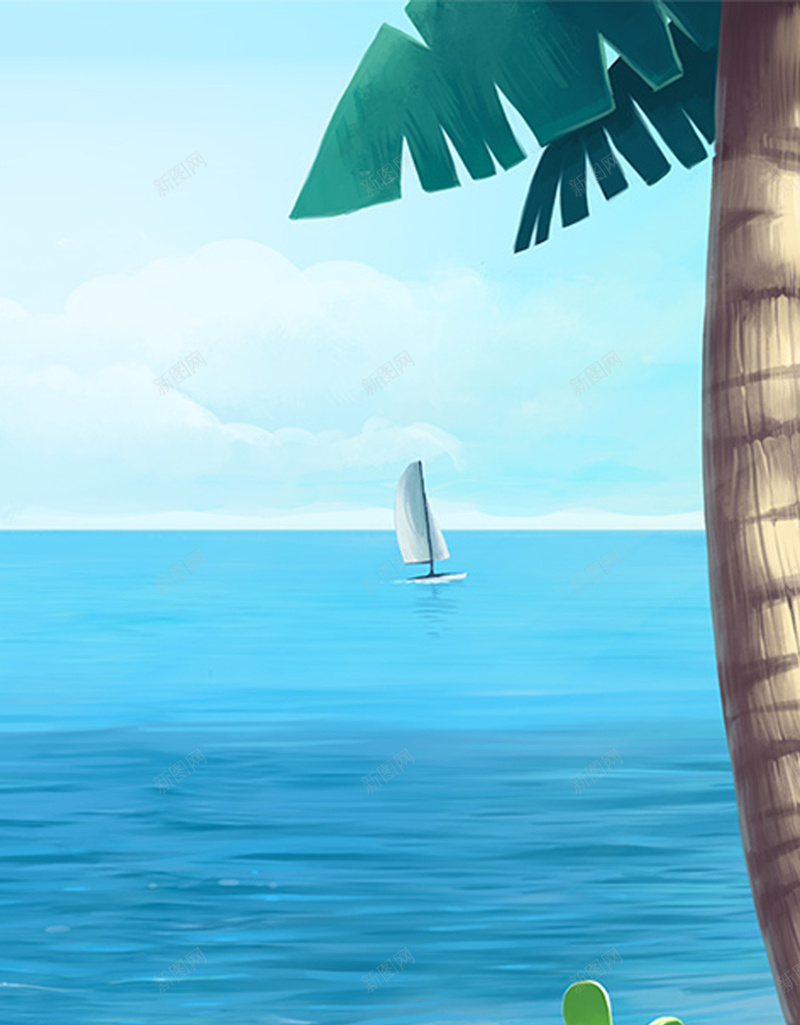 彩色卡通H5背景jpg设计背景_新图网 https://ixintu.com H5 H5背景 h5 卡通 彩色 手绘 椰树 沙滩 海洋 童趣