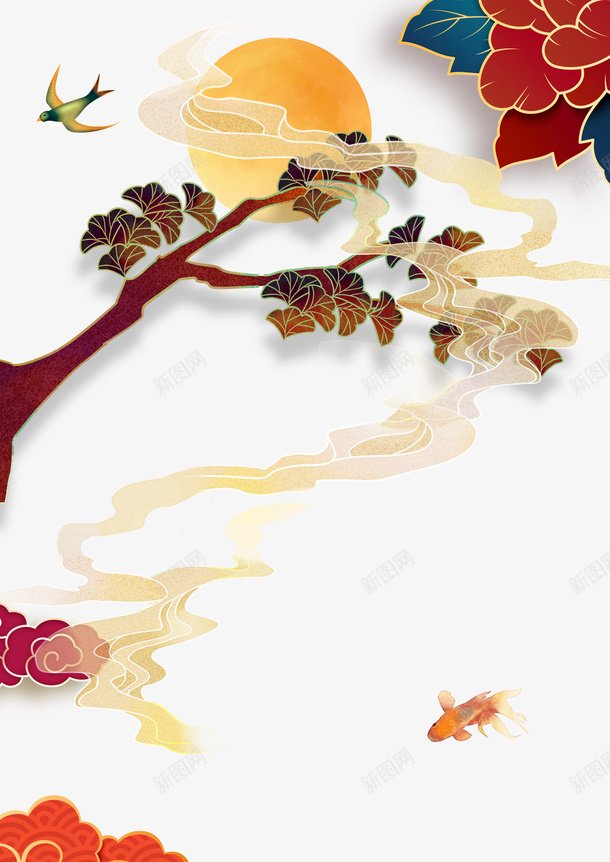 彩色古风中国风png免抠素材_新图网 https://ixintu.com 仙气缥缈 彩色的牡丹花 月亮 树枝