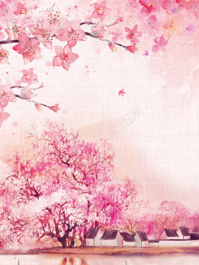 手绘风景桃花花朵漂浮花瓣背景素材背景
