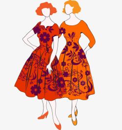 橙色连衣裙手绘闺蜜高清图片