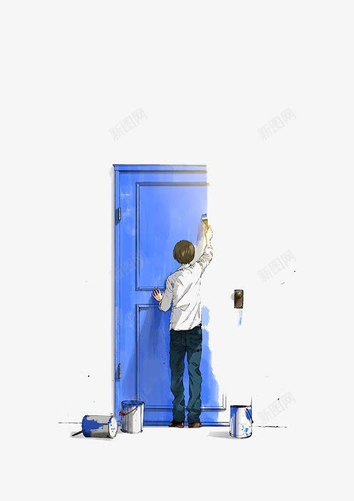 粉刷门的男孩png免抠素材_新图网 https://ixintu.com 卡通人物 男孩 粉刷 蓝色的门
