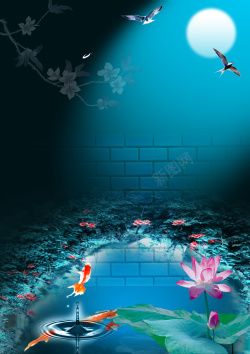 梦幻鲤鱼素材梦幻荷塘月色展板背景高清图片