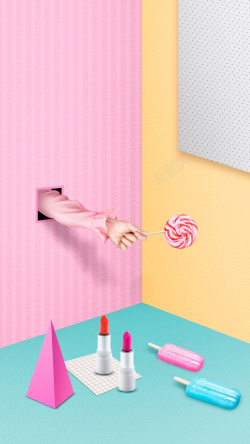 口红宣传海报温馨糖果色3D立体冰棒糖果口红海报背景高清图片