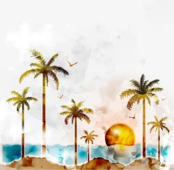 水彩椰子树和落日素材