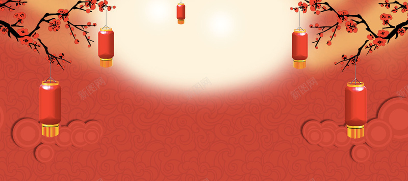 新年红色渐变灯笼梅花纹理海报背景背景