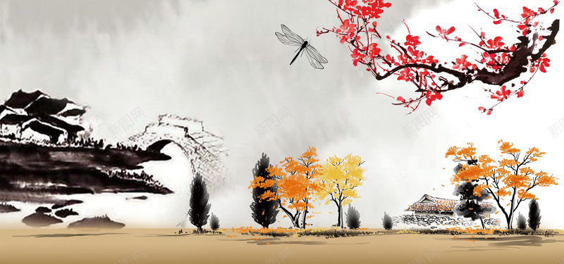 中国风背景psd设计背景_新图网 https://ixintu.com 梅花 蜻蜓 树 桥 海报banner 中国风