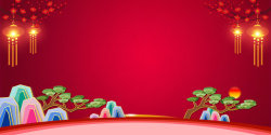 山树红色中国风剪纸山树灯笼节日广告海报高清图片