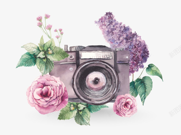 带花朵的漂亮的相机png免抠素材_新图网 https://ixintu.com 手绘 漂亮 相机 花朵